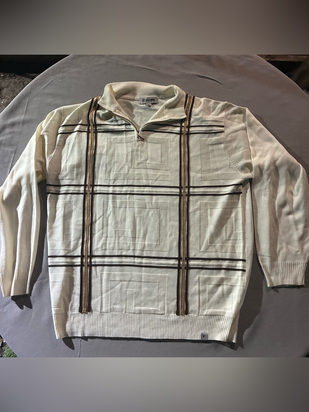 Stacy Adams Cream Zip-Up Sweater with Brown Plaid Accents